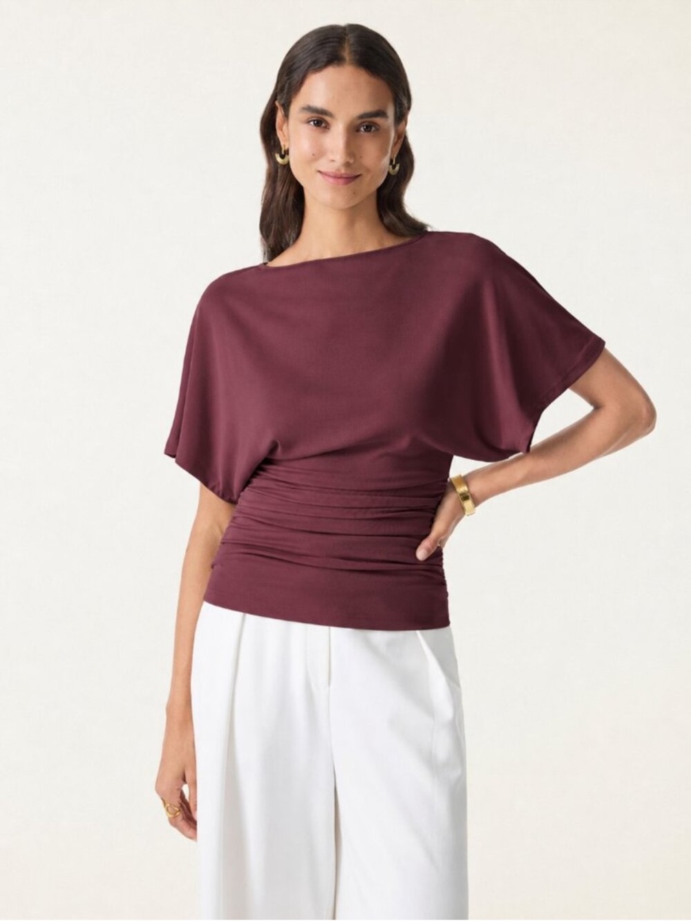 NWT OGL Sandwashed Effortless Boatneck Batwing Sleeve Side Ruched Top Jujube Red